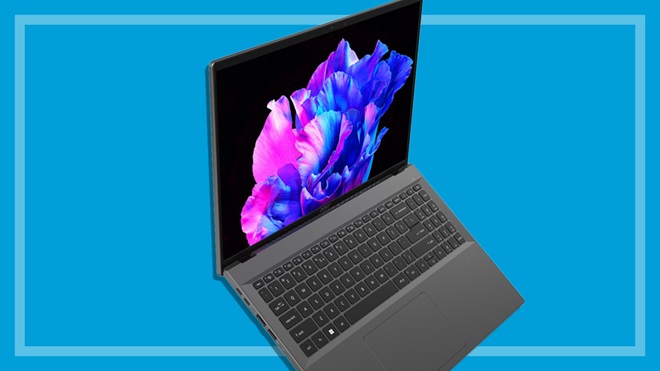 Acer Swift Go 16 laptop on a blue background